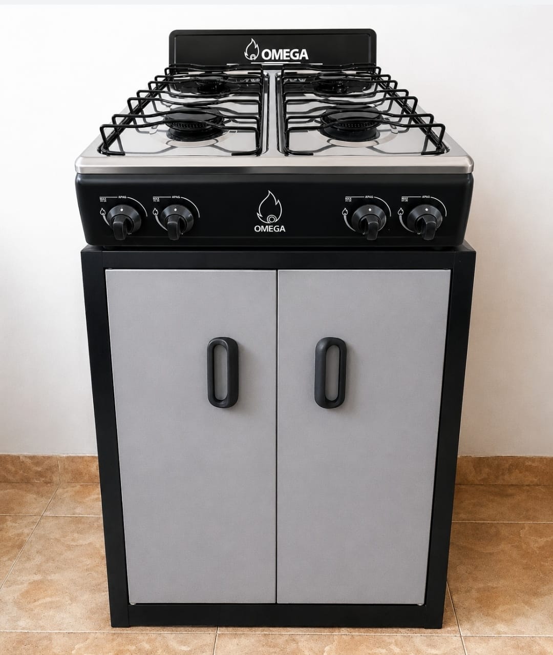 Combo estufa acero inoxidable con gabinete beige