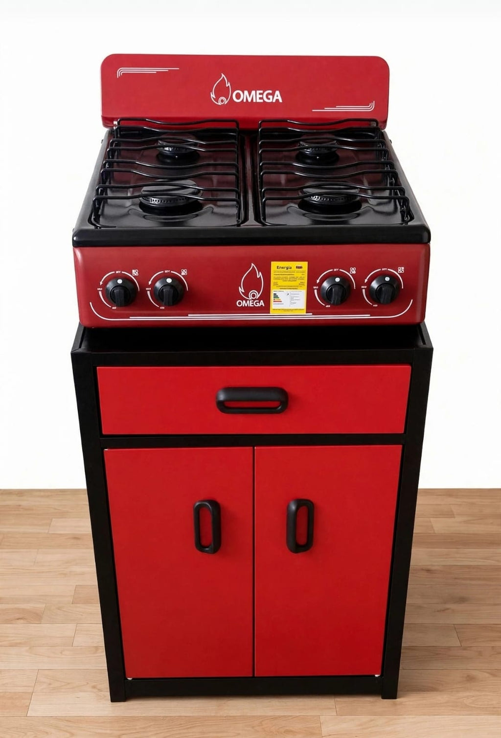 Estufa OMEGA roja con gabinete beige variante