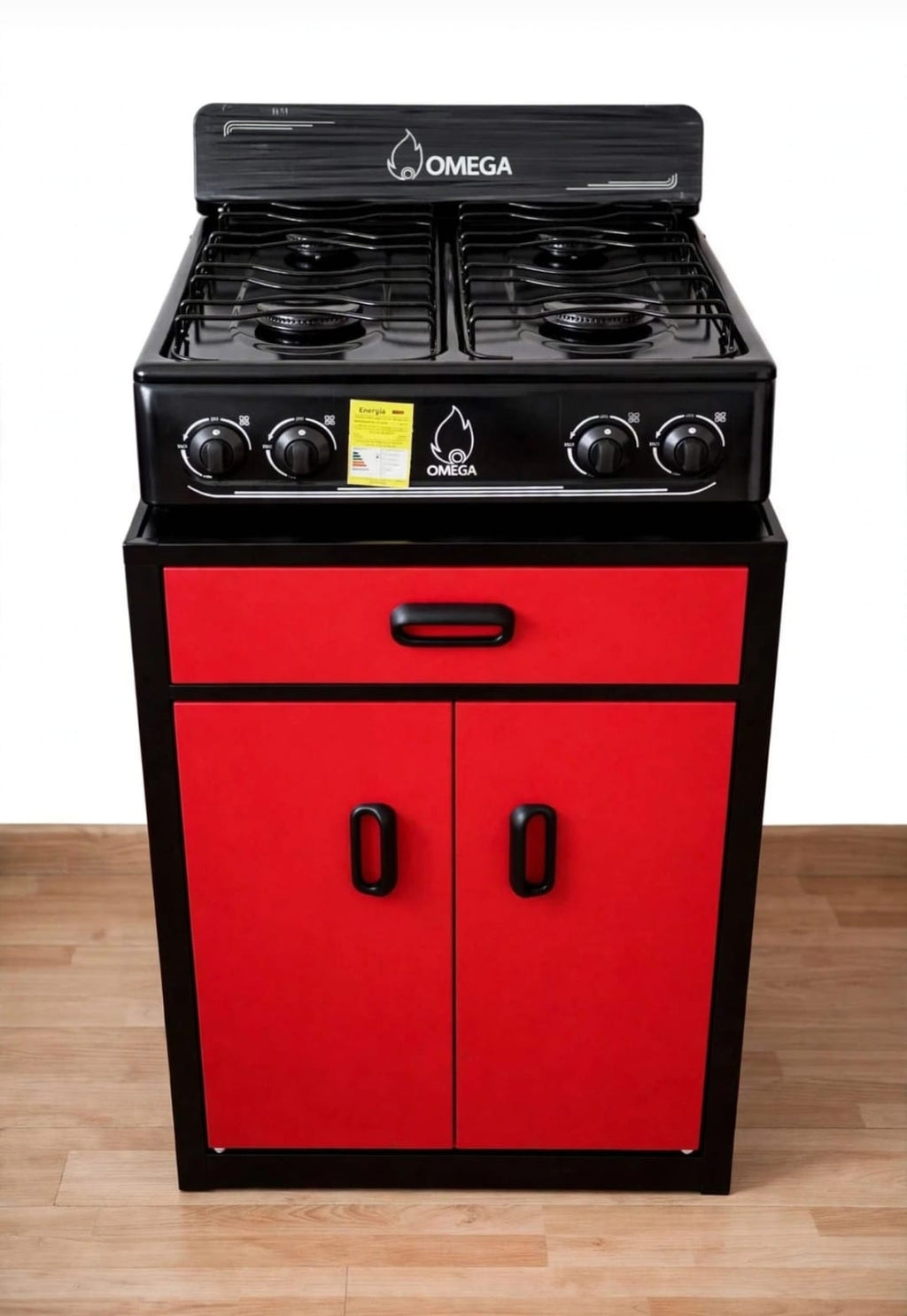 Estufa OMEGA roja con gabinete beige