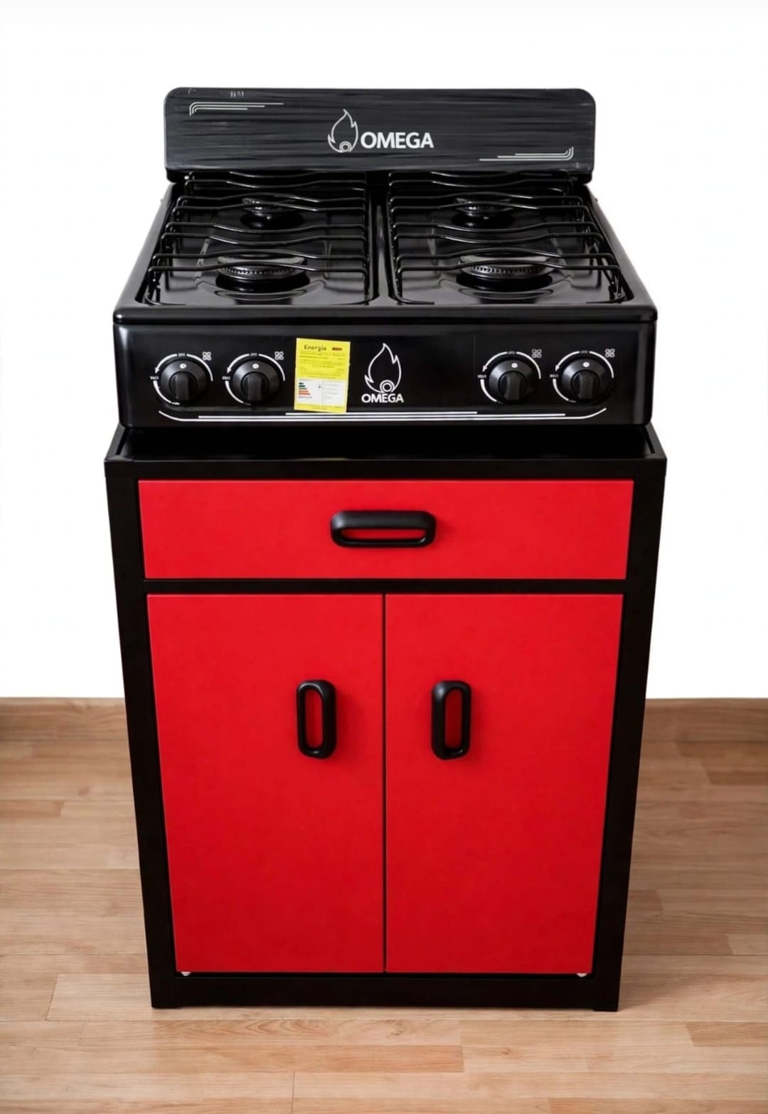 Estufa OMEGA roja con gabinete beige