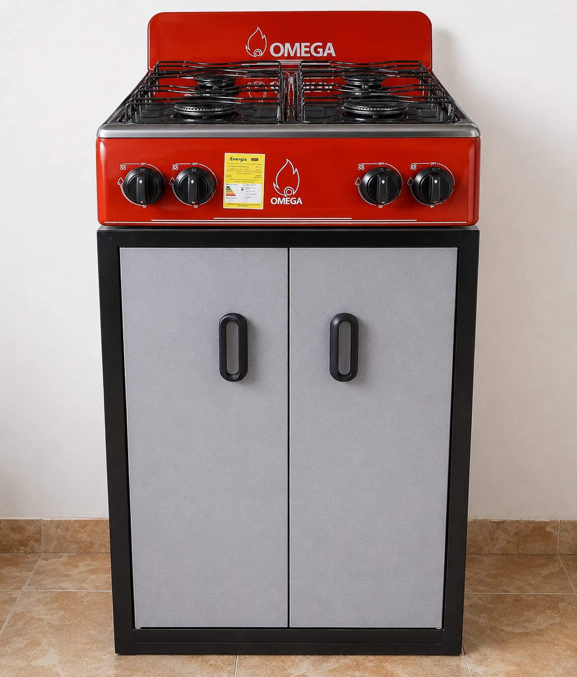 Combo estufa acero inoxidable con gabinete naranja