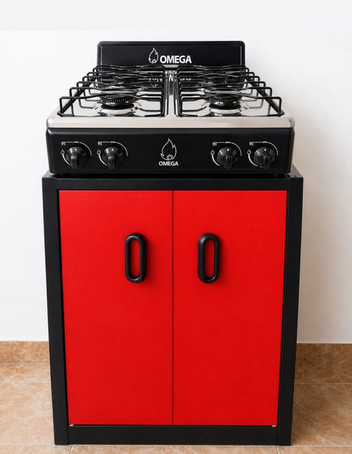 Combo estufa roja con gabinete gris