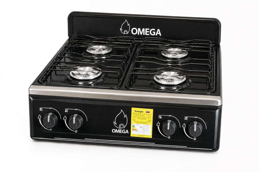 Estufa Omega 4 puestos acero inoxidable vista lateral