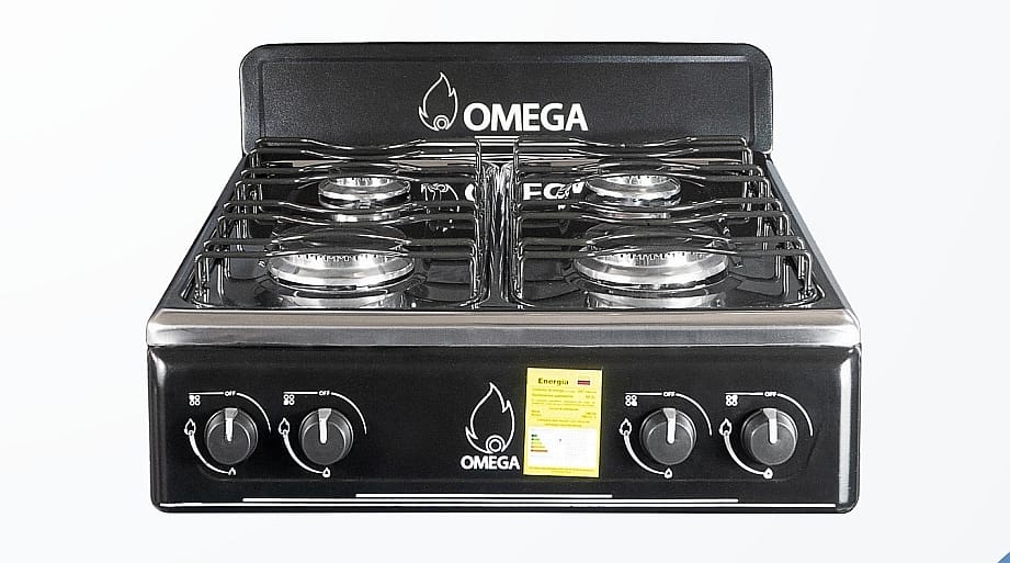 Estufa Omega 4 puestos acero inoxidable vista frontal