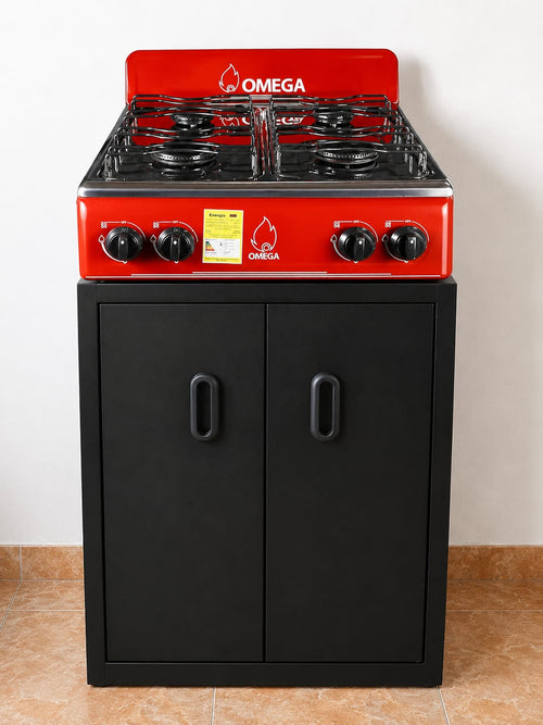 Combo estufa acero inoxidable con gabinete gris