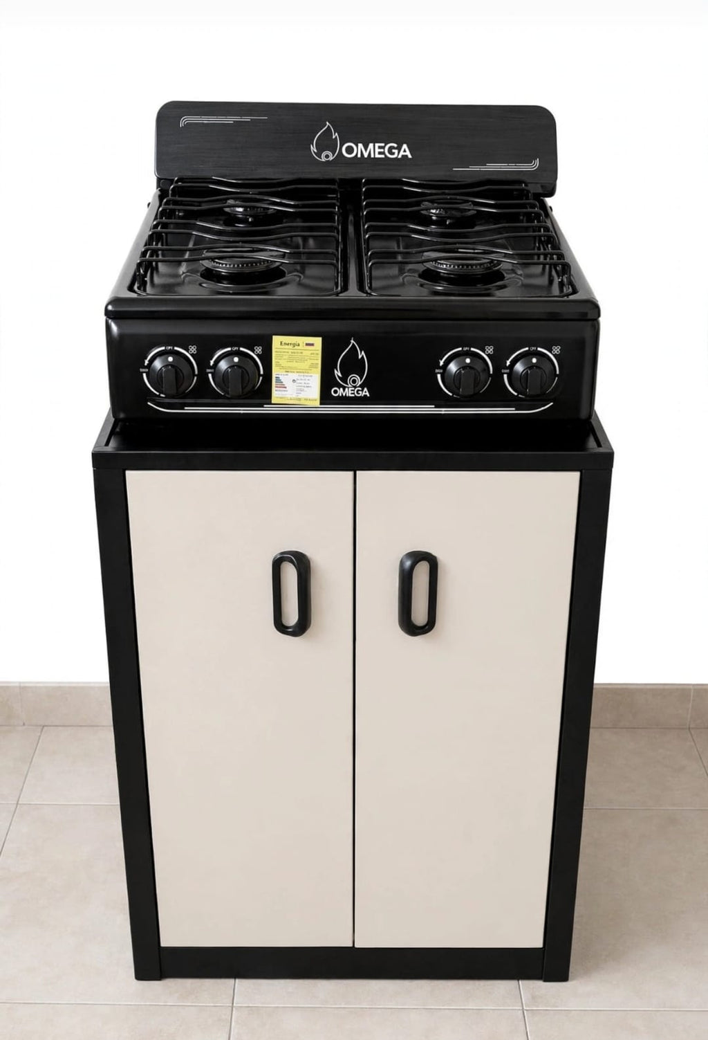 Combo estufa Omega negra con gabinete metálico beige