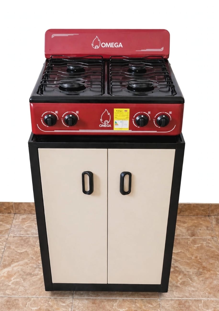 Combo estufa Omega roja con gabinete metálico beige