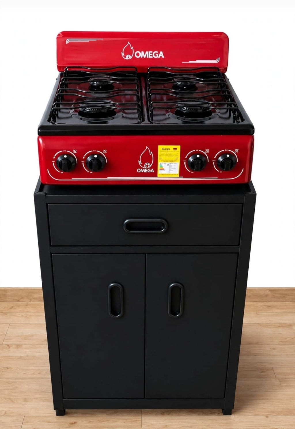 Estufa OMEGA roja con gabinete blanco